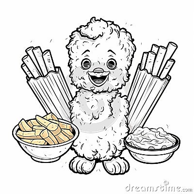 Chicken With Fries: A Playful Drawing With Attention To Texture Cartoon Illustration