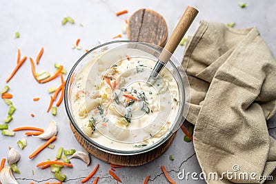 Chicken and gnocchi soup, chicken and spinach cream soup Stock Photo