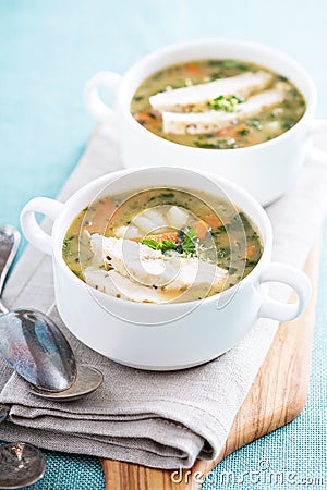 Chicken gnocchi soup with vegetables Stock Photo