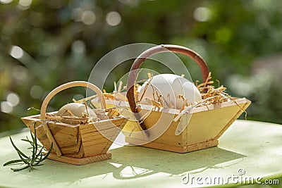 Chicken and goose eggs in mini baskets Stock Photo