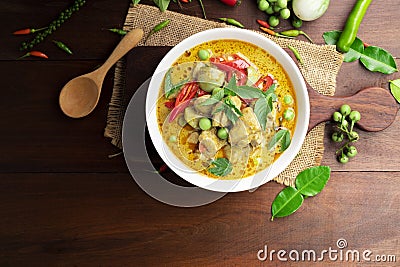 Chicken green curry Asian food, Beef green curry Thai food on a soup bowl with a mixture of herbs, vegetables and Thai red chilli Stock Photo
