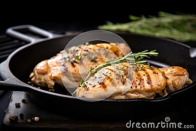 chicken grilled on a black skillet with thyme sprigs Stock Photo