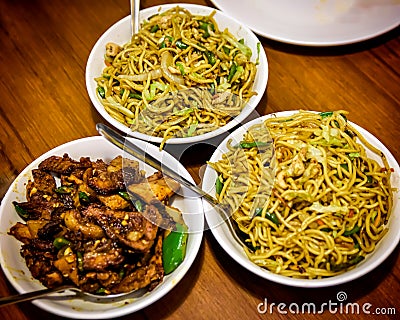 Chicken Hakka Noodles with Chili Pork Stock Photo