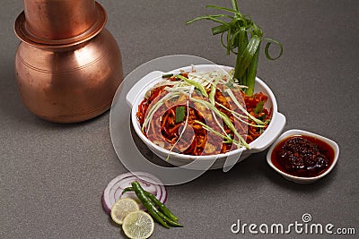 Chicken Hakka Schezwan Noodles served in a bowl with Schezwan sous . selective focus Stock Photo