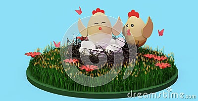 Chicken hatches eggs in a nest with a rooster, 3d Cartoon Illustration