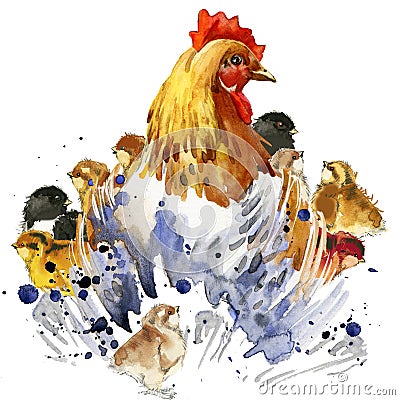 Chicken hen and chickens T-shirt graphics, chicken family illustration with splash watercolor textured background. illustration wa Cartoon Illustration