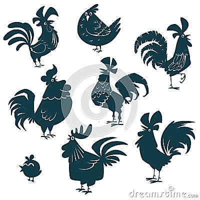 Chicken, hen, roosters set. Poultry vector collection silhouettes. Vector Illustration