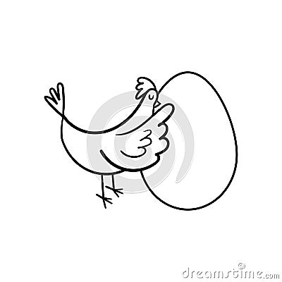 A chicken hugs a large egg with love. Hand-drawn silhouette of a chicken with a big egg. Vector stock illustration black on a Vector Illustration