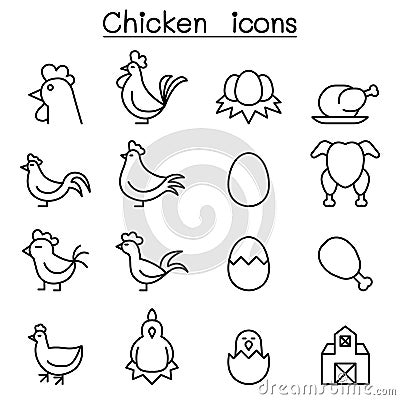 Chicken icon set in thin line style Vector Illustration