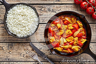 Chicken jalfrezi dietetic traditional Indian curry spicy fried meat with hot vegetables Stock Photo