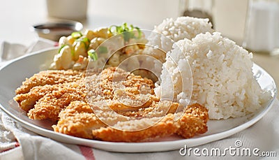 Chicken katsu hawaiian bbq plate lunch with white rice and macaroni salad Stock Photo