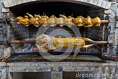 Chicken, lamb and pig on barbaque Stock Photo