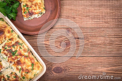 Chicken lasagna and white cheese . Stock Photo