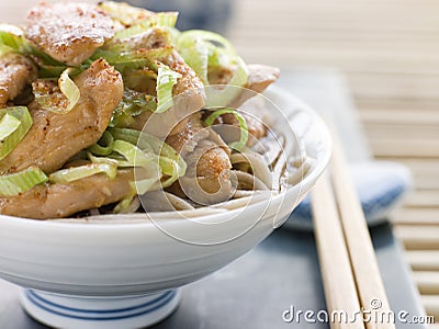 Chicken and Leek Soba Noodles in Broth Stock Photo
