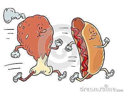 chicken leg or turkey leg or ham runs along with the hot dog. Sports lifestyle Vector Illustration