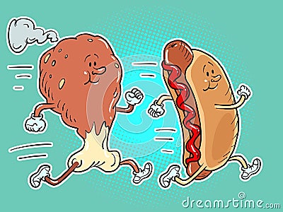 chicken leg or turkey leg or ham runs along with the hot dog. Sports lifestyle Vector Illustration