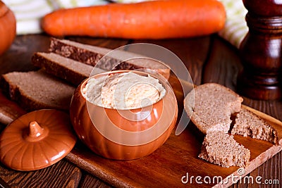 Chicken liver pate and bread, horizontal, close up Stock Photo