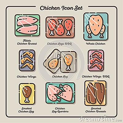 Chicken meat icons set. Legs, wings, breasts, whole chicken, meat icons. Vector Illustration