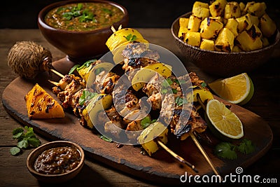chicken meat kebab with sweet tangy pineapple Generative AI Stock Photo