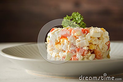 Chicken meat salad with mayonnaise and vegetables Stock Photo