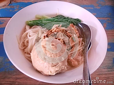 Chicken meatball noodles in a bowl is a typical food of the Indonesian people Stock Photo