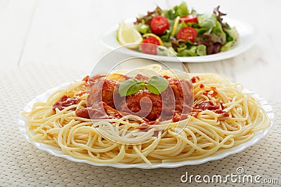 Chicken meatballs with spaghetti Stock Photo
