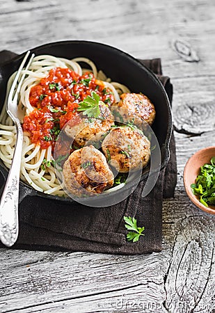Chicken meatballs and spaghetti in a pan Stock Photo