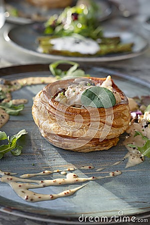 Chicken and mushroom vol-au-vent on a styled ceramic plate, delicious hot dish with hollow shells of puff pasty and creamy filling Stock Photo