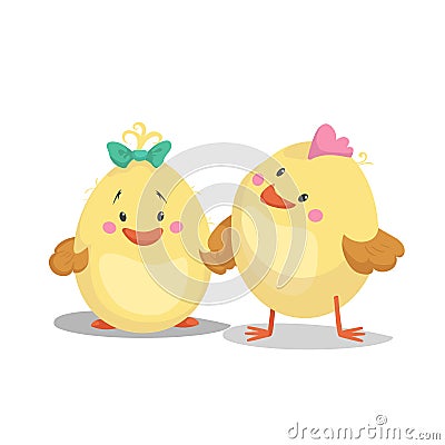 Chicken new born boy and girl chick. Cartoon flat trendy design spring and new born baby Vector Illustration