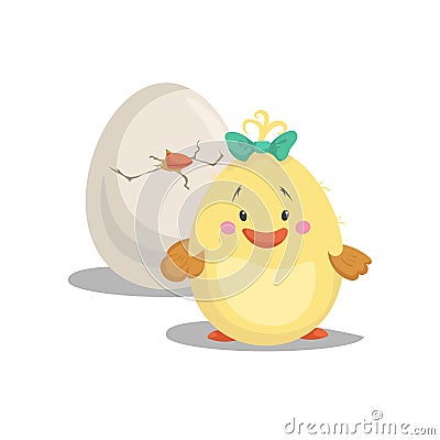 Chicken new born girl with green bow staying front hatched egg. Cartoon flat trendy design spring and new born baby Vector Illustration