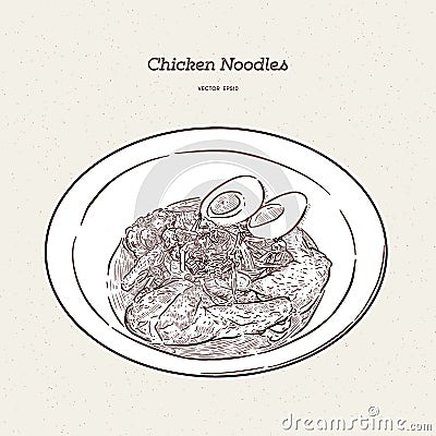 Chicken noodle with egg, hand draw sketch vector Vector Illustration