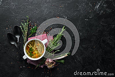 Chicken noodle soup. Dishes, food. Top view. Stock Photo