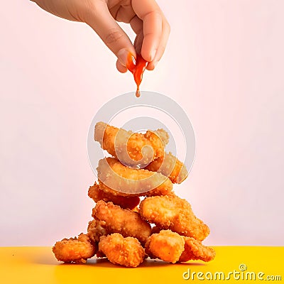 Chicken nuggets in hand, flowing sauce onto pile of remaining chicken pieces Vector Illustration