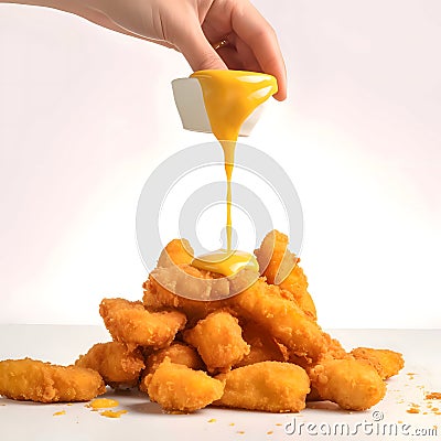 Chicken nuggets in hand, flowing sauce onto pile of remaining chicken pieces Vector Illustration