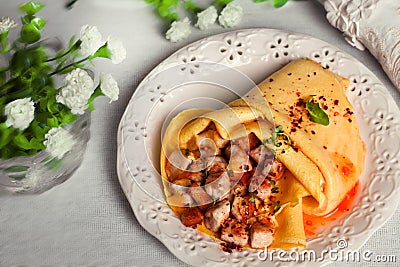 Chicken pancake with chicken still life of Provence, rustic, gourmet, restaurant, Stock Photo