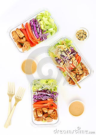 Chicken peanut salad prep bowls Stock Photo