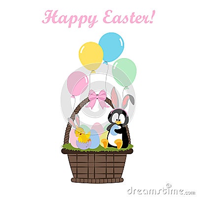 Chicken and penguin in easter basket with eggs Vector Illustration