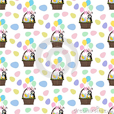 Chicken and penguin in easter basket seamless pattern Vector Illustration