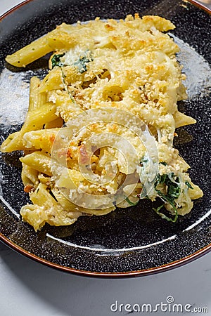 Chicken Penne Alfredo Bake Stock Photo