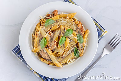 Chicken Penne Pasta Garnished with Fresh Basil Top Down Italian Food Photo Stock Photo