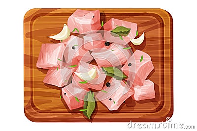 Chicken pieces, cubes raw meat, chopped slices with spices, garlic and leaves on wooden bord top view in cartoon style Vector Illustration