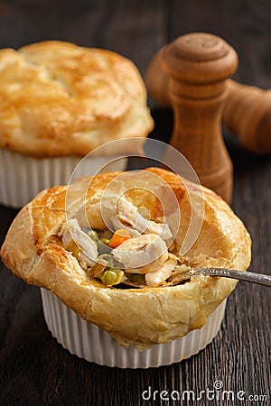 Chicken pot pie with carrot, grean peas and cheese. Stock Photo