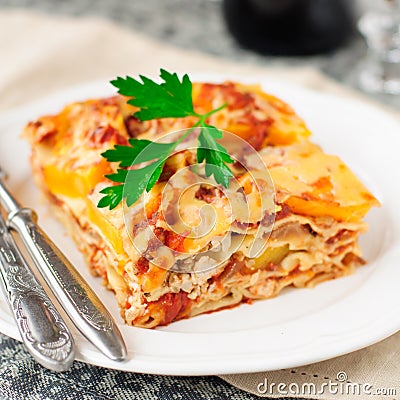 Chicken and Pumpkin Lasagna Stock Photo