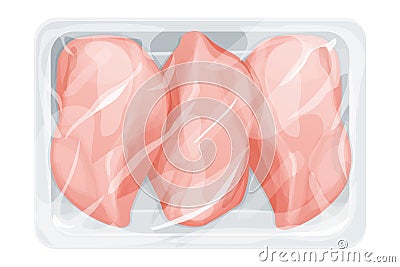 Chicken raw filet in plastic tray, package with poultry in cartoon style isolated on white background. Broiler meat Vector Illustration