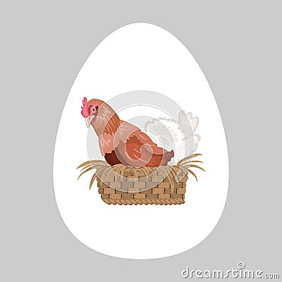 The chicken in realistic style is sitting in the nest. The hen is incubating eggs. Chicken in a basket. Vector Illustration