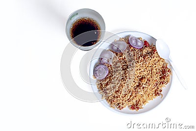 Chicken rice and coke or pepsi cool drink isolated on a white background. Top view Stock Photo
