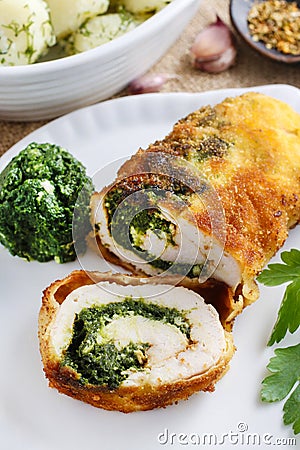 Chicken roll stuffed with spinach and roasted mushroom Stock Photo