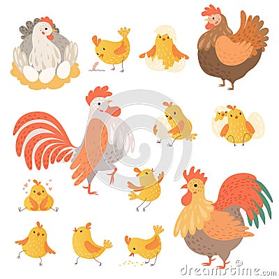 Chicken and rooster. Funny domestic farm animals birds eggs pollo vector cartoon characters Vector Illustration