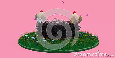 A chicken and a rooster are sitting at the empty nest Cartoon Illustration