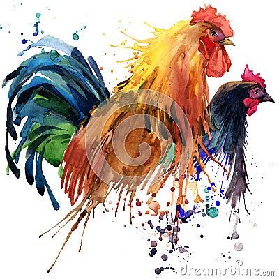Chicken and rooster T-shirt graphics, chicken and rooster family illustration with splash watercolor textured background. Cartoon Illustration